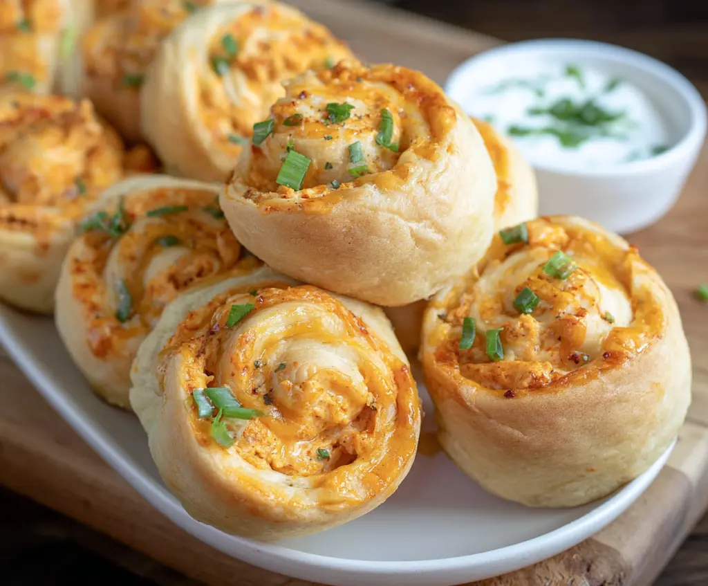 Delicious buffalo chicken crescent rolls baked to golden perfection, served hot with a side of ranch dressing.