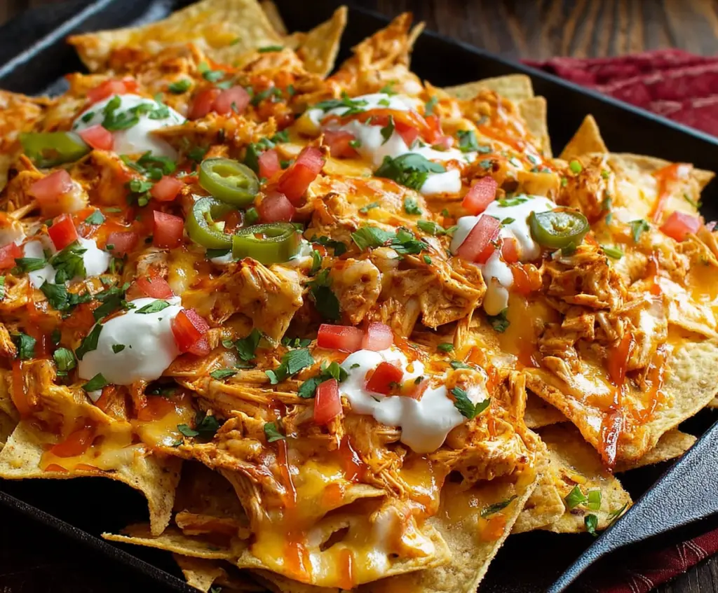 Buffalo Chicken Dip Loaded Nachos with spicy chicken, melted cheese, and crispy tortilla chips