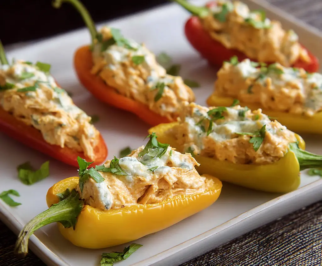 Creamy buffalo chicken dip served inside colorful mini peppers, perfect for appetizers and parties.