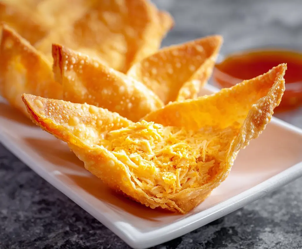 Delicious Buffalo Chicken Rangoons with crispy edges and creamy filling, perfect for appetizers or snacks.