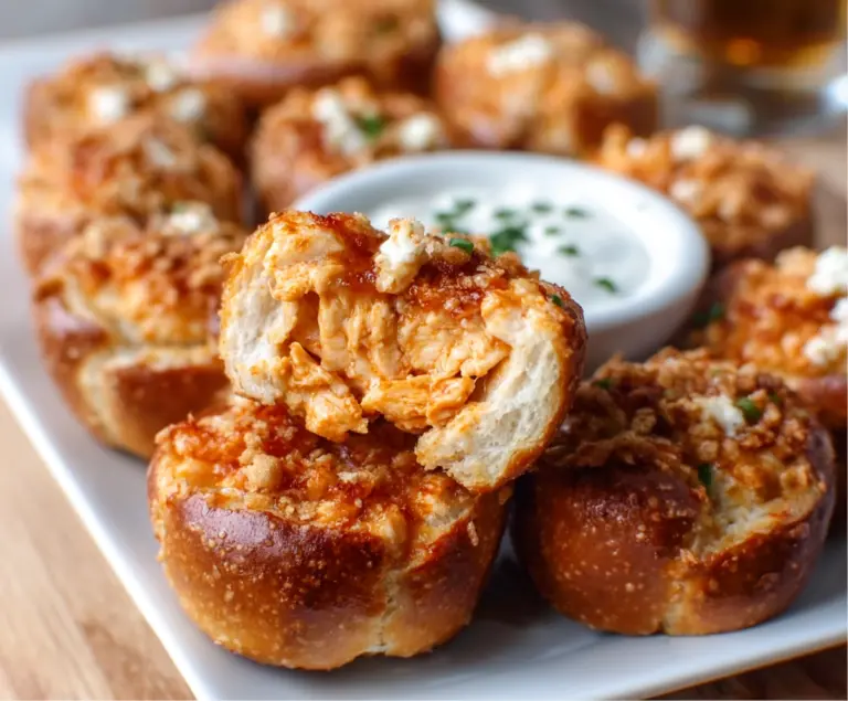 Buffalo chicken stuffed pretzel bites served with blue cheese dipping sauce
