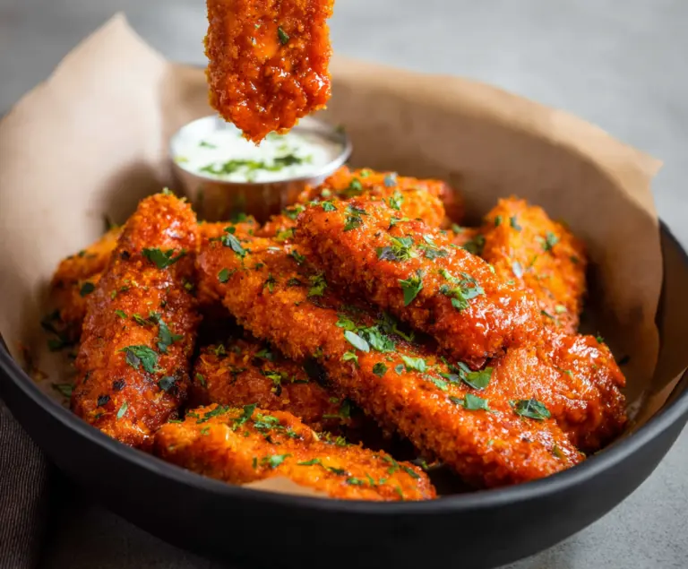Vegan Buffalo Tofu Wings served with celery and blue cheese dipping sauce