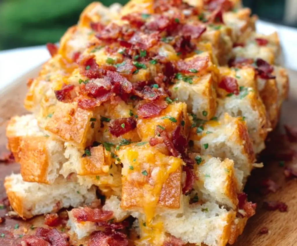 Delicious Cheesy Bacon Ranch Pull-Apart Bread with melted cheese and crispy bacon on top.