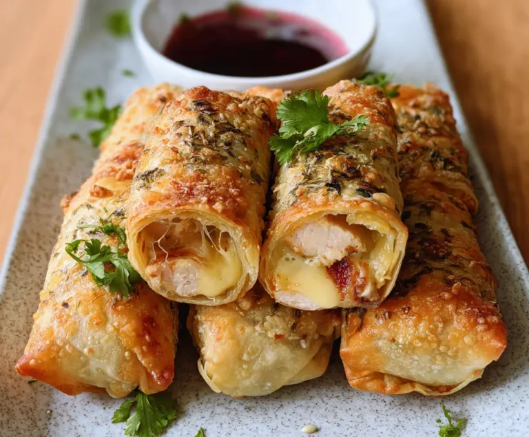 Delicious cheesy chicken spring roll with crispy exterior and savory filling, perfect as an appetizer or snack.