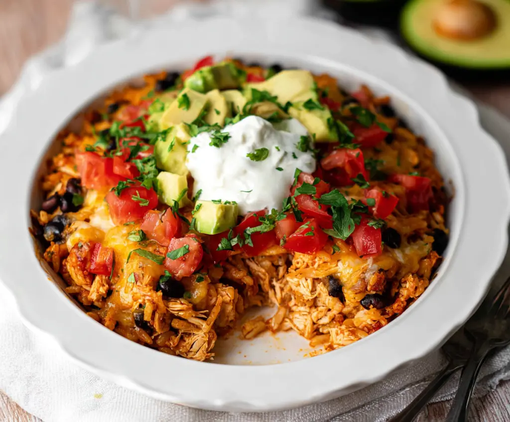 Delicious Chicken Burrito Casserole with melted cheese and fresh toppings ready to serve