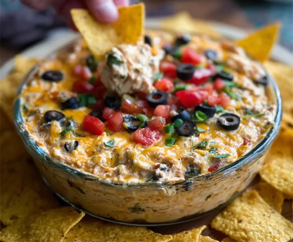 Delicious chicken taco dip with melted cheese, salsa, and fresh toppings served in a bowl.