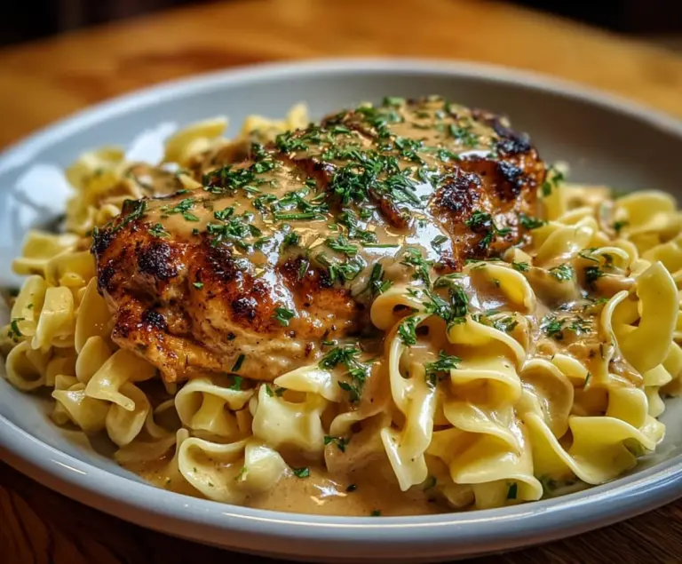 Delicious chicken served with creamy buttered noodles, perfect for a comforting meal.