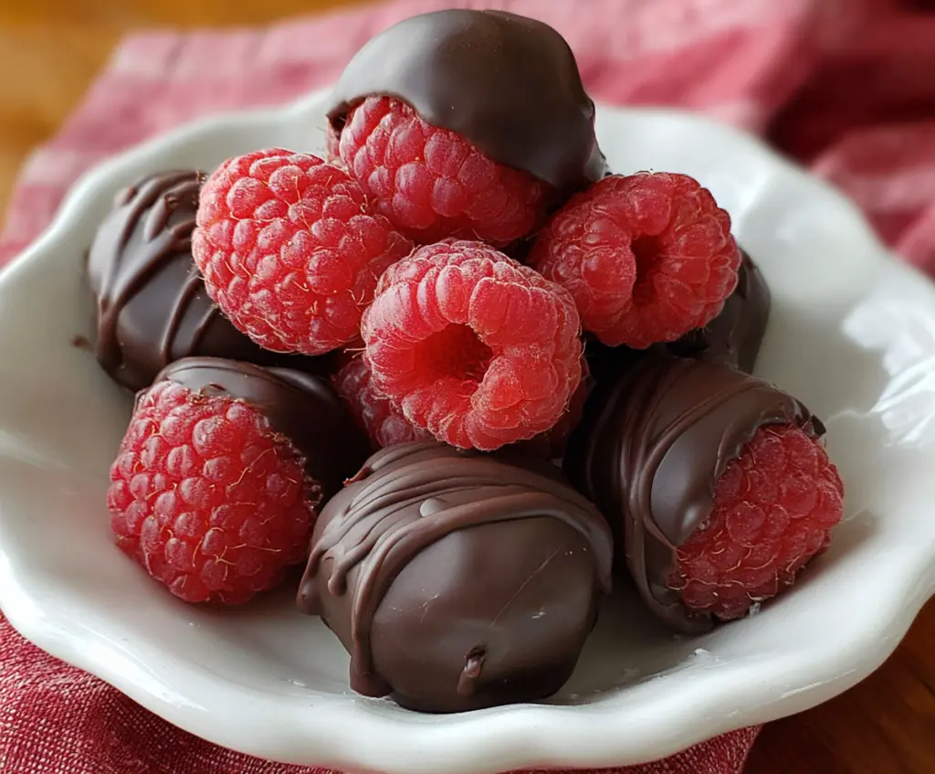 Delicious chocolate-covered raspberries served on a white plate, showcasing a perfect combination of sweet and tart flavors.