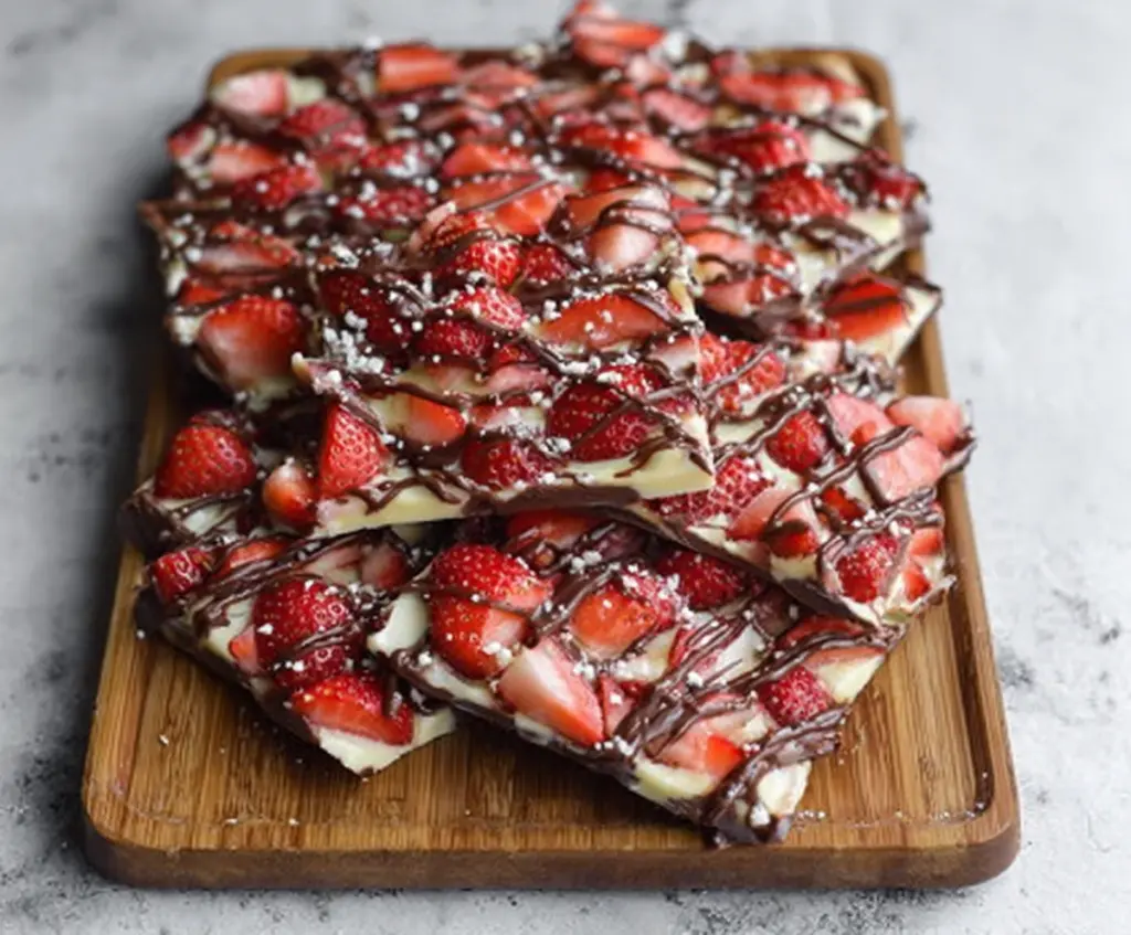 Delicious chocolate covered strawberry bark with fresh strawberries and smooth chocolate coating.