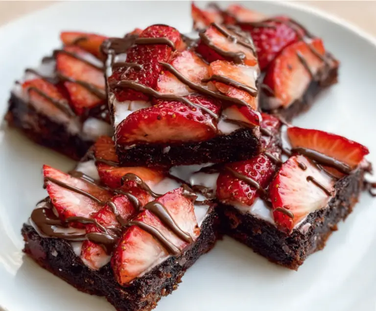 Delicious chocolate-covered strawberry brownies topped with fresh strawberries and glossy chocolate glaze.