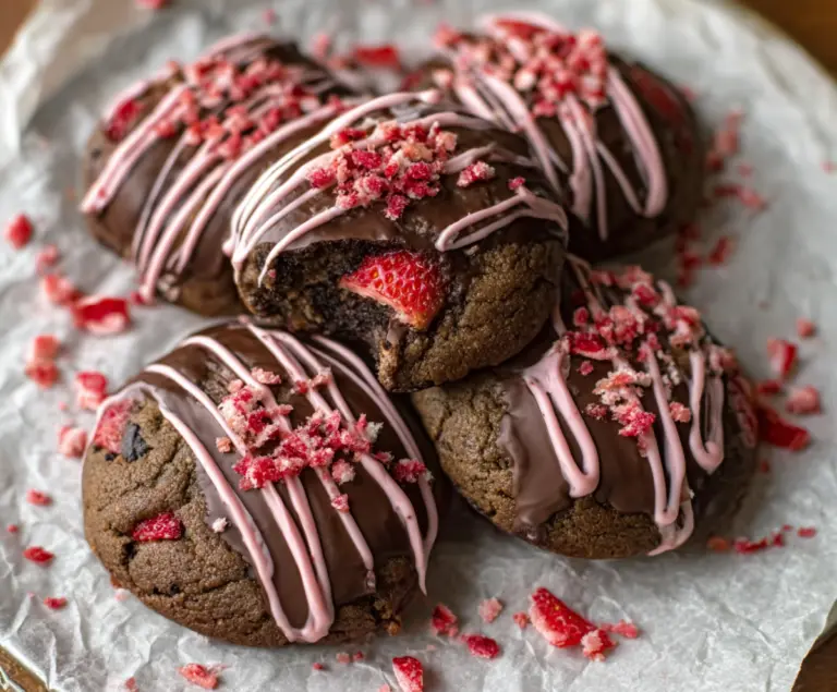 Delicious Chocolate Covered Strawberry Cookies with shiny chocolate coating and fresh strawberry slices