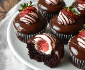 Delicious chocolate covered strawberry cupcakes with fresh strawberries and rich chocolate frosting