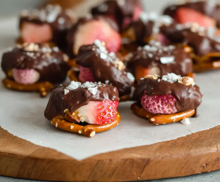 Chocolate-Dipped Strawberry Pretzel Bites on a plate with a glossy chocolate coating and fresh strawberries