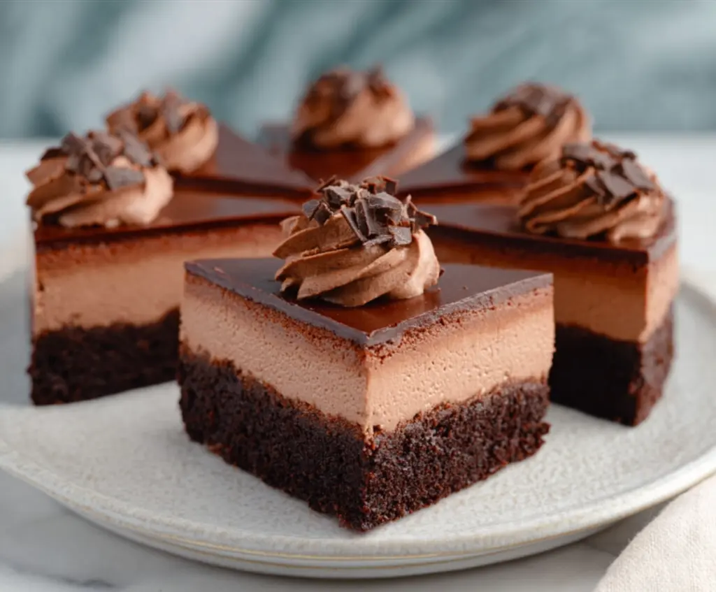 Delicious chocolate mousse brownies with a rich, creamy texture and a glossy surface, perfect for dessert lovers.