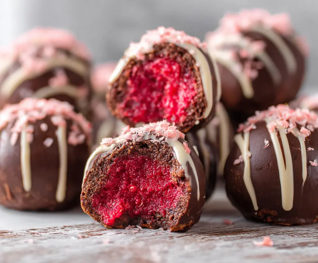 Delicious Chocolate Raspberry Truffles with rich cocoa coating and fresh raspberry filling