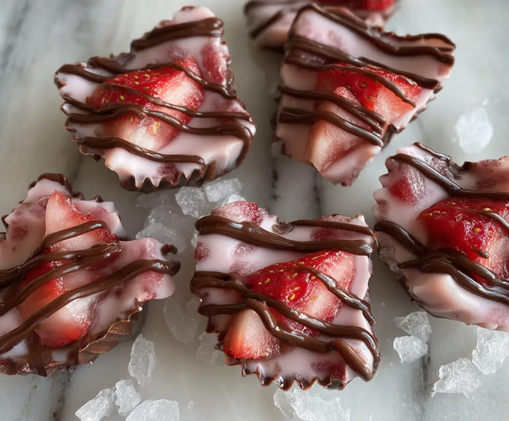 Delicious Chocolate Strawberry Yogurt Bites topped with fresh strawberries and chocolate drizzle.