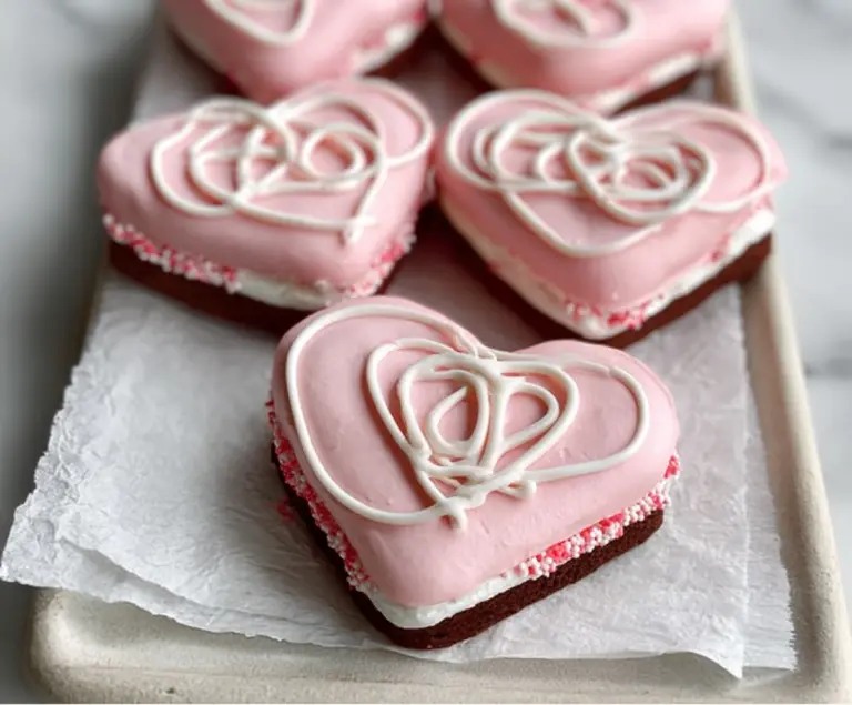 Close-up of Copycat Little Debbie Valentine's Cakes decorated with pink and red frosting, perfect for Valentine's Day treats.
