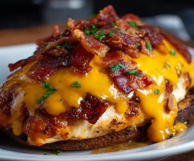 Delicious Cowboy BBQ Bacon Cheddar Chicken served with melted cheese and crispy bacon.