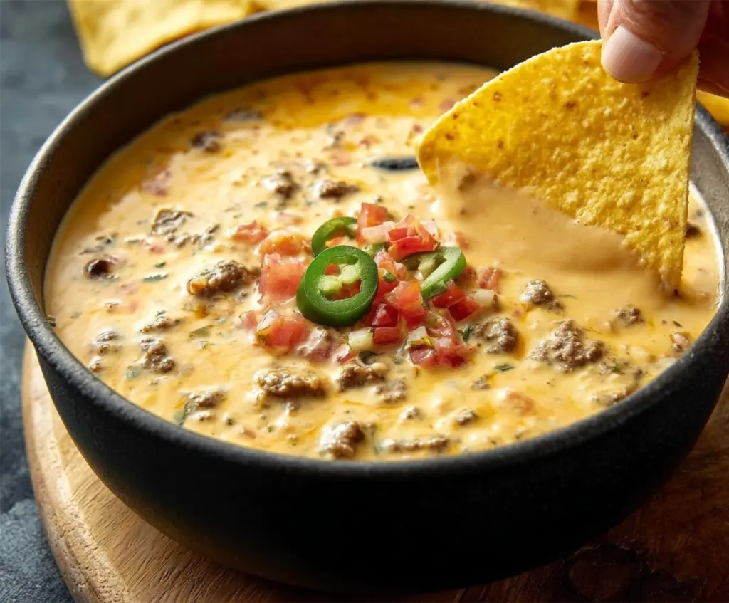 Creamy Cowboy Queso dip with melted cheese, jalapenos, and ground beef in a bowl, perfect for snacks and parties.