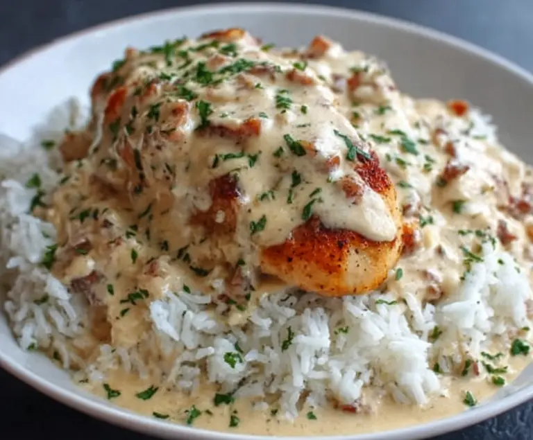 Delicious creamy smothered chicken served over fluffy rice in a savory sauce