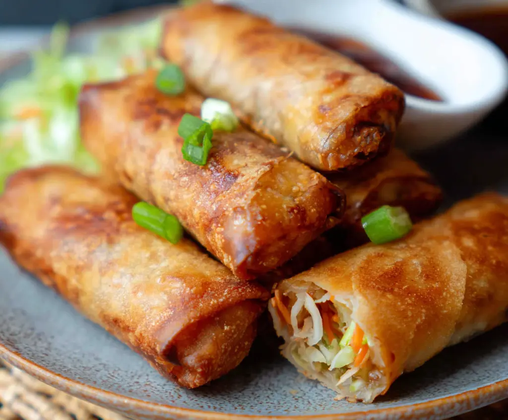 Crispy air fryer spring rolls on a plate, golden brown and crunchy, served with dipping sauce.