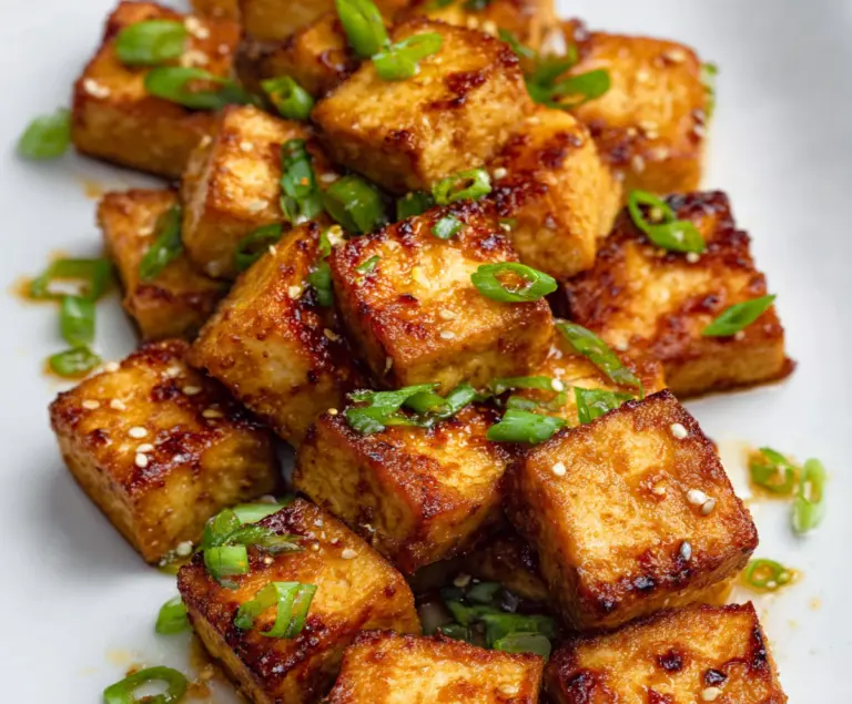 Crispy Air Fryer Tofu served on a plate with dipping sauce, ready to eat