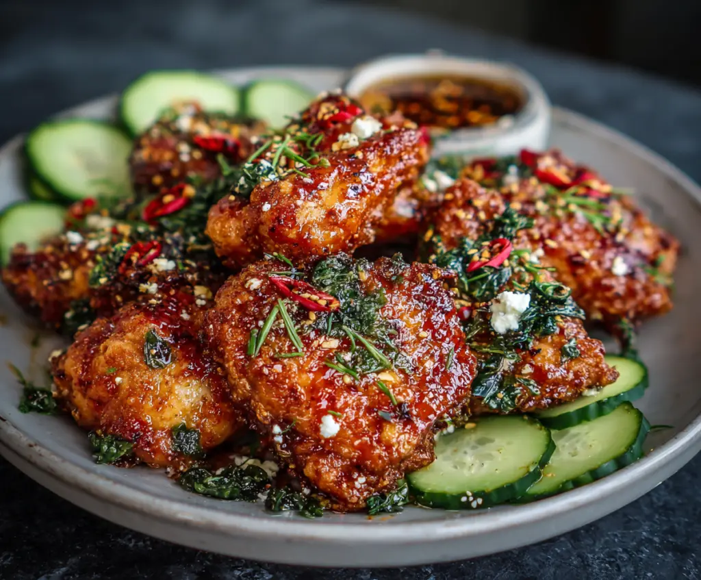 Crispy Hot Honey Feta Chicken plated with golden-brown chicken breasts topped with spicy honey sauce and crumbled feta cheese.
