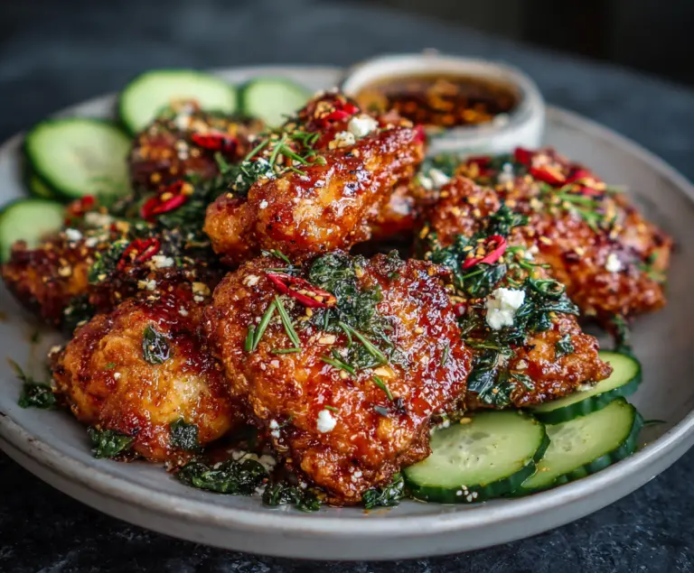 Crispy Hot Honey Feta Chicken plated with golden-brown chicken breasts topped with spicy honey sauce and crumbled feta cheese.