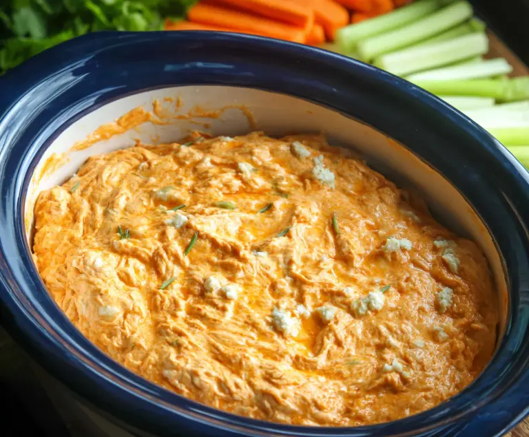 Creamy Crock Pot Buffalo Chicken Dip served in a bowl with celery sticks for dipping.