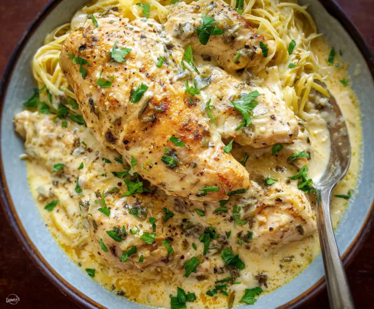 Creamy Crockpot Angel Chicken served with rice, garnished with fresh herbs, perfect for a comforting dinner.