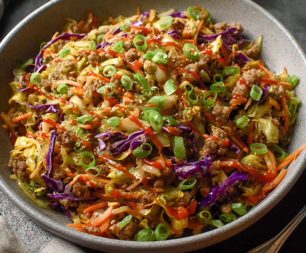 Healthy Egg Roll in a Bowl with shredded cabbage, carrots, and seasoned ground pork served in a bowl.