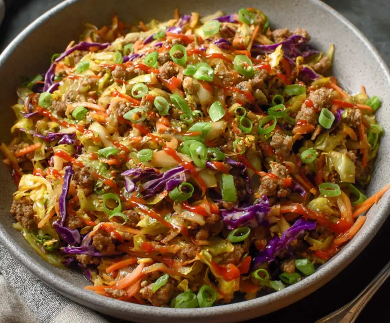 Healthy Egg Roll in a Bowl with shredded cabbage, carrots, and seasoned ground pork served in a bowl.