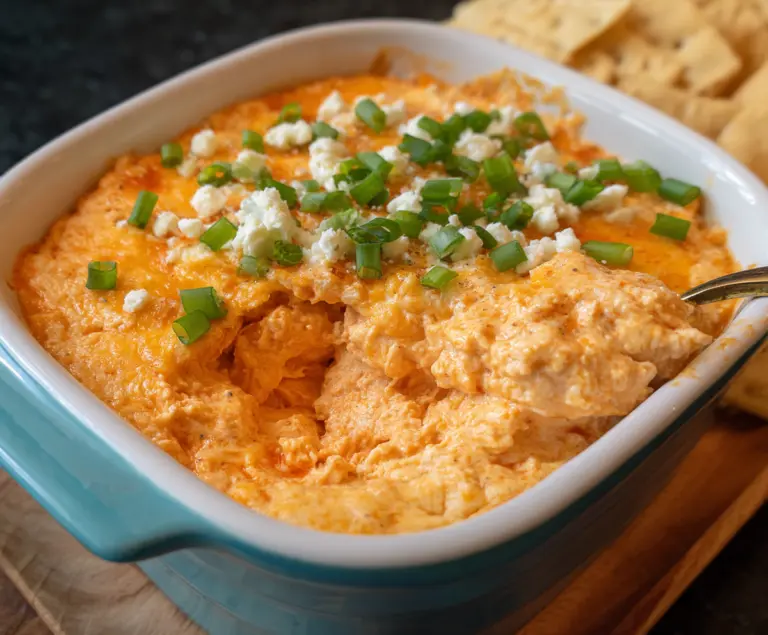 Spicy Frank’s RedHot Buffalo Chicken Dip served in a bowl with celery sticks on the side for dipping.