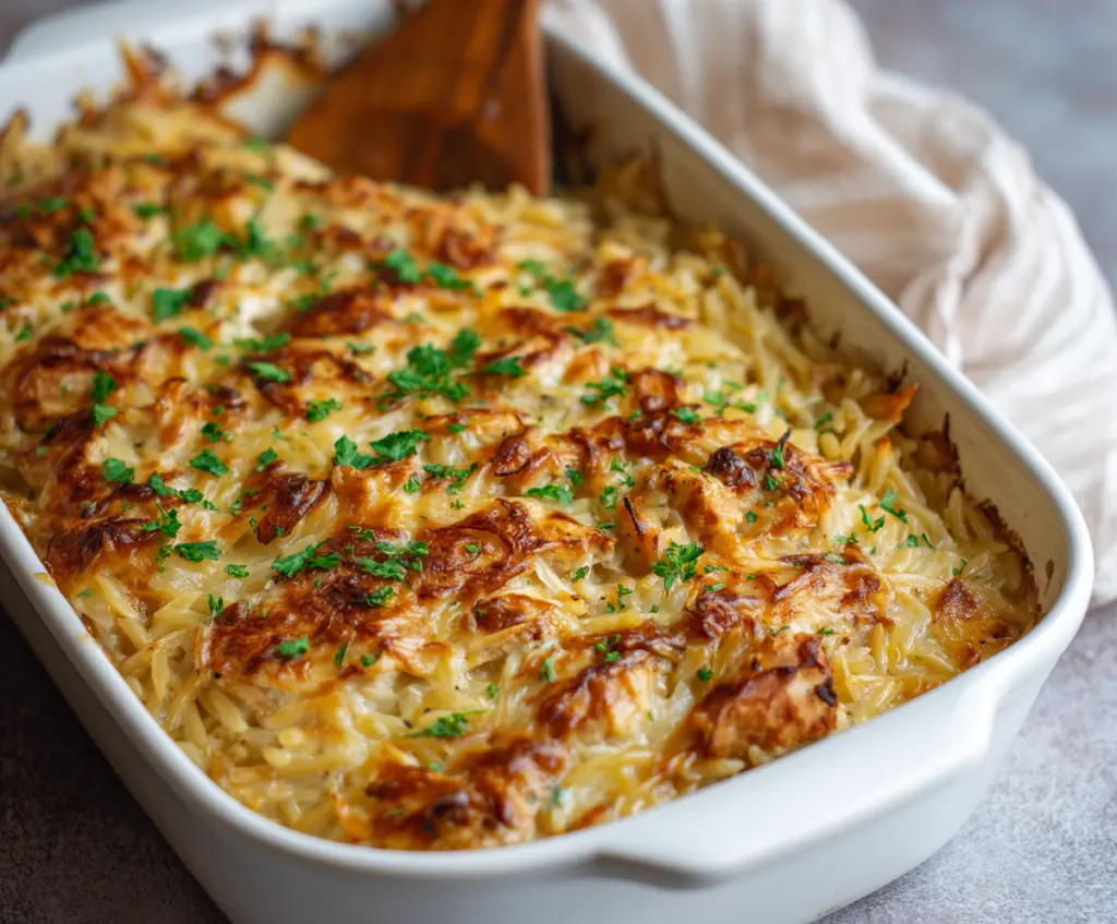 Delicious French Onion Chicken Orzo Casserole in a crispy baked dish.
