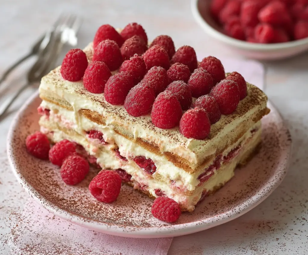 Delicious Fresh Raspberry Tiramisu with creamy mascarpone and fresh raspberries on top.