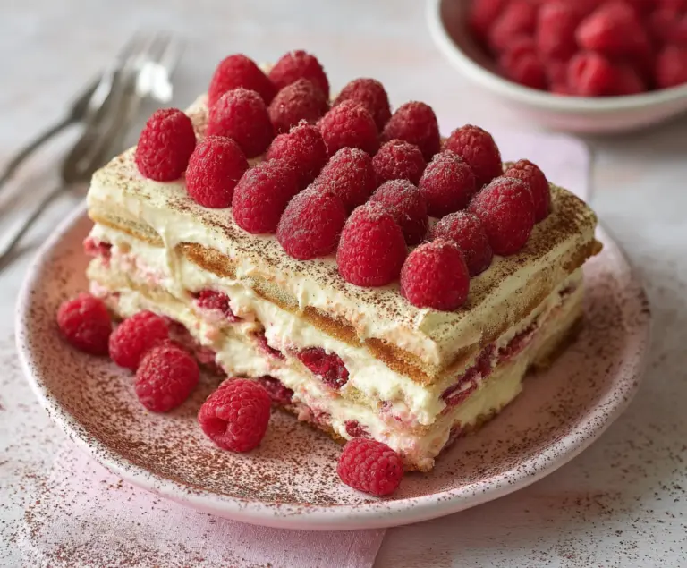 Delicious Fresh Raspberry Tiramisu with creamy mascarpone and fresh raspberries on top.