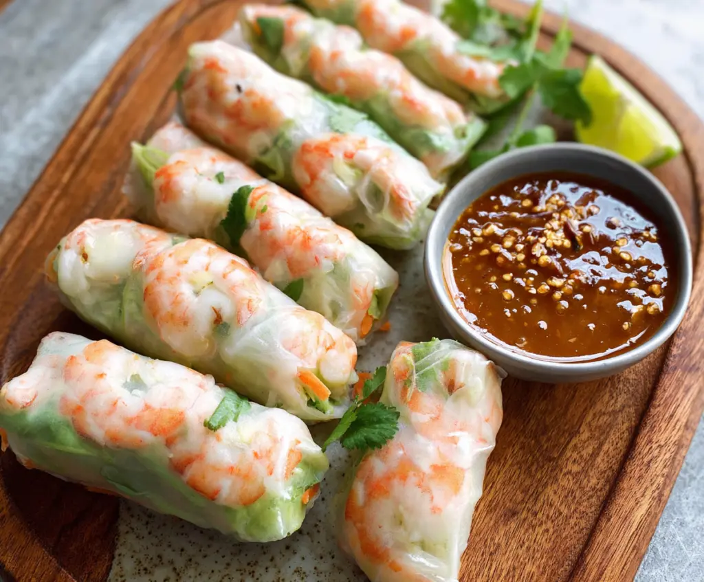 Fresh Vietnamese shrimp spring rolls with rice paper, herbs, and vegetables on a white plate.