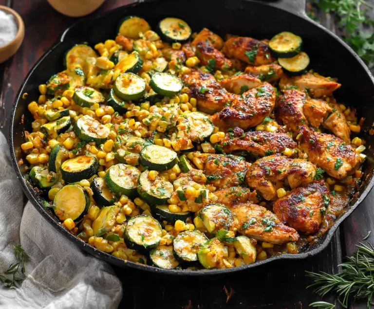 Delicious garlic butter chicken served with zucchini and corn on a platter