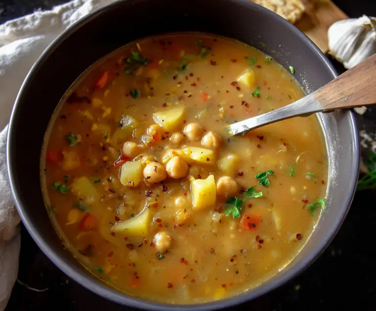 Hearty garlic chickpea soup served in a bowl with fresh herbs on top