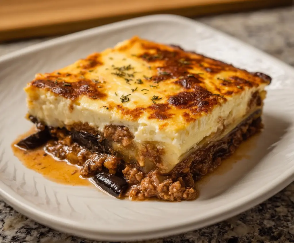 Delicious Greek Moussaka featuring layers of eggplant, minced meat, and bechamel sauce served in a rustic dish.
