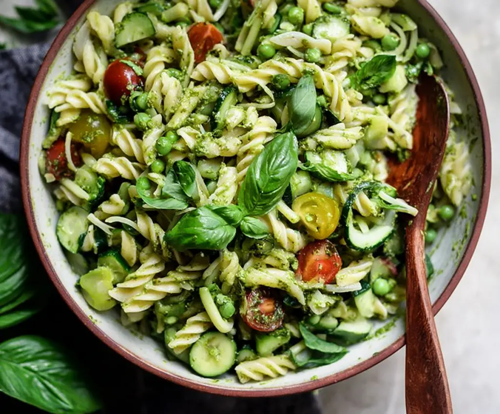 Fresh Green Goddess Pasta Salad with herbs, vegetables, and creamy dressing in a bowl.
