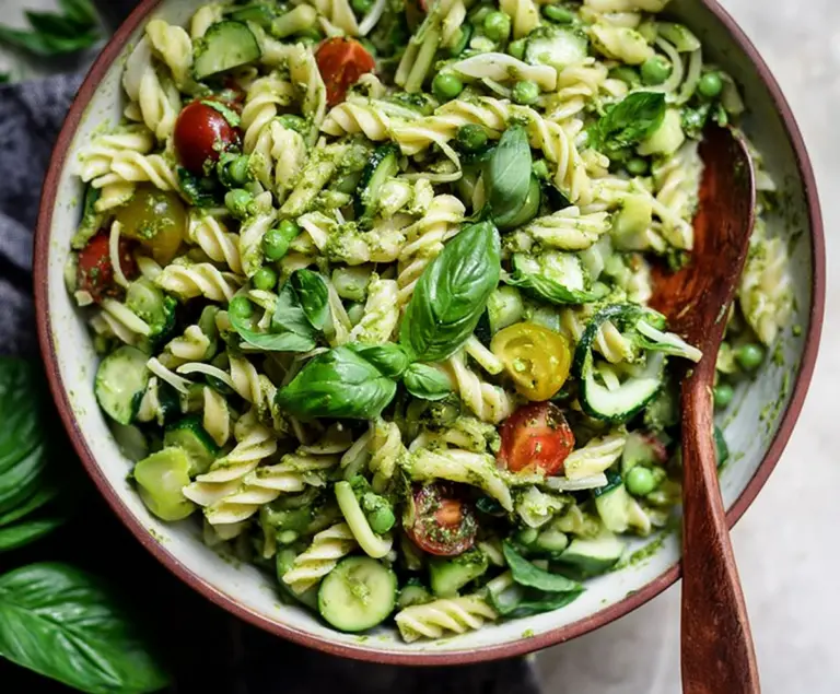 Fresh Green Goddess Pasta Salad with herbs, vegetables, and creamy dressing in a bowl.