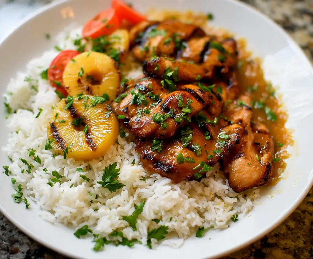 Delicious Hawaiian Chicken served with fluffy coconut rice and fresh tropical garnishes.