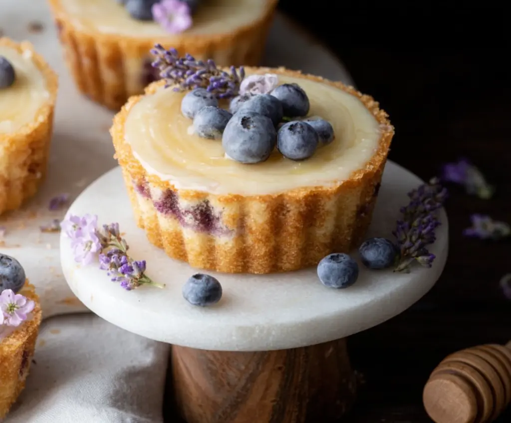 Delicious Honey Lavender Vanilla Bean Cake with a golden crust and floral topping.