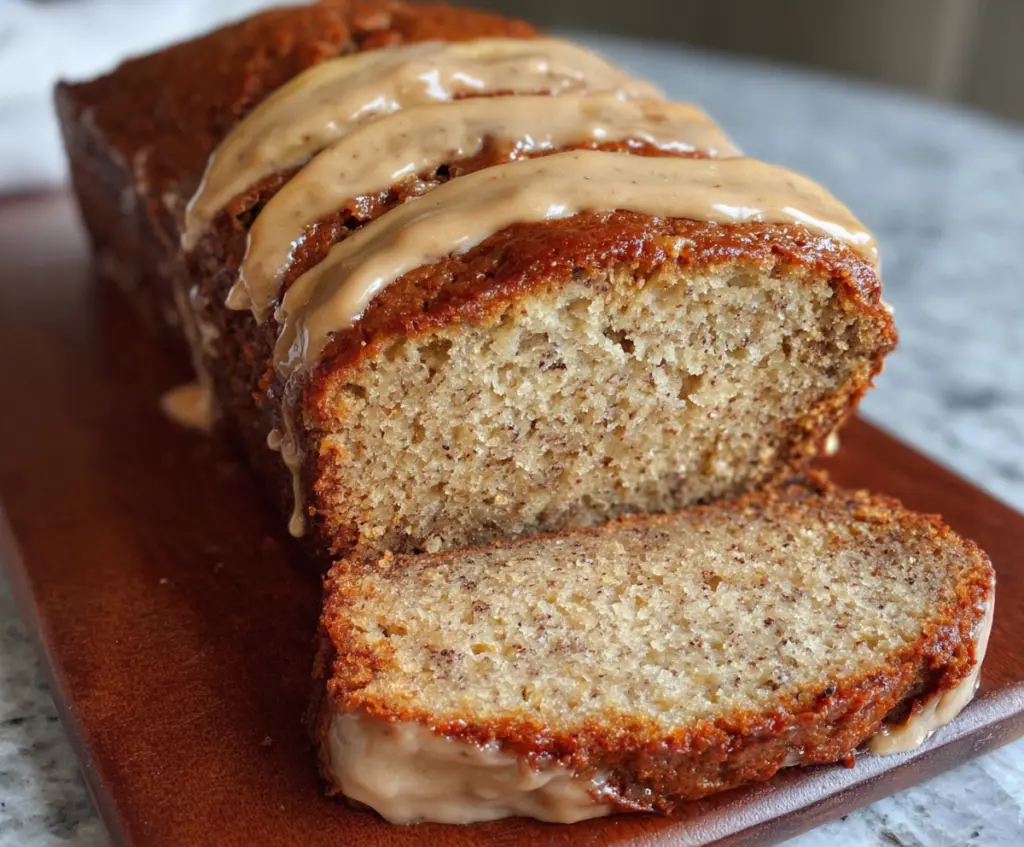 Delicious honey vanilla banana bread fresh out of the oven, showcasing a golden crust and moist interior.