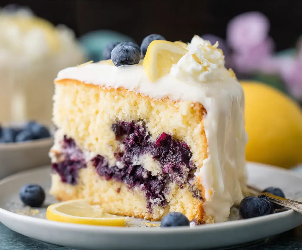 Delicious Lemon Blueberry Cake with fresh blueberries and zesty lemon frosting