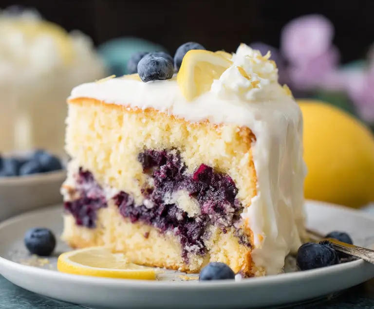 Delicious Lemon Blueberry Cake with fresh blueberries and zesty lemon frosting