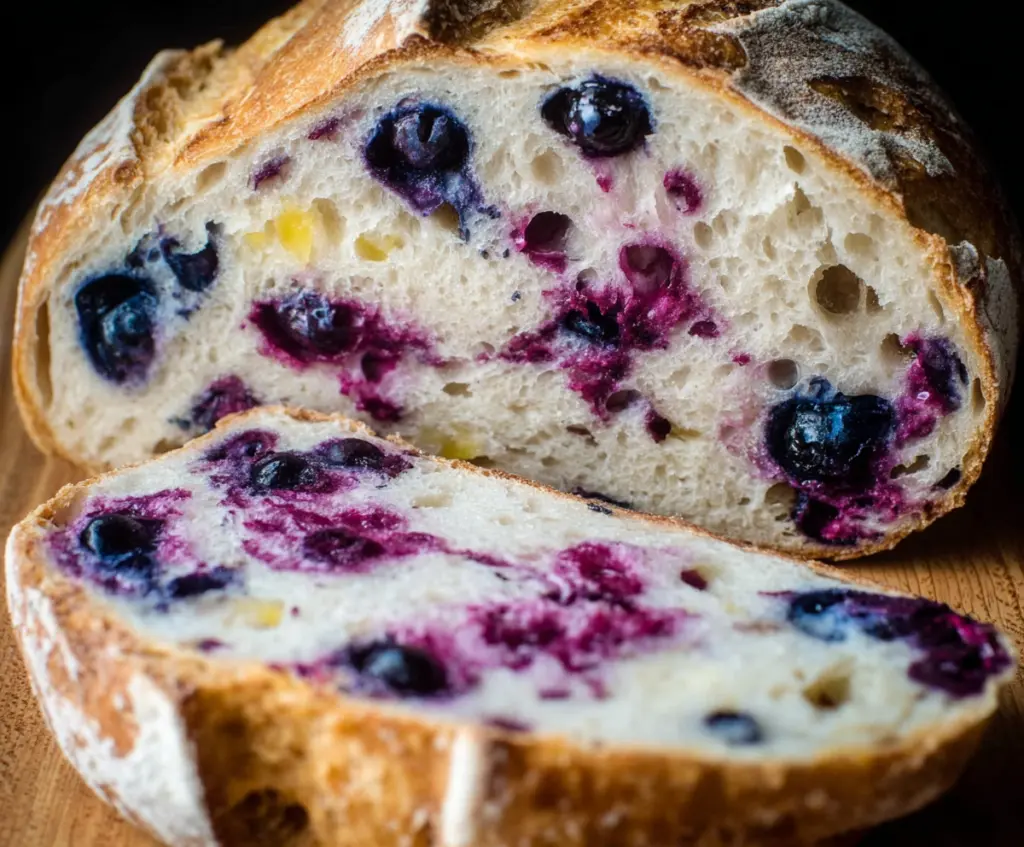 Homemade Lemon Blueberry Sourdough Bread with fresh blueberries and lemon zest on a rustic cutting board.