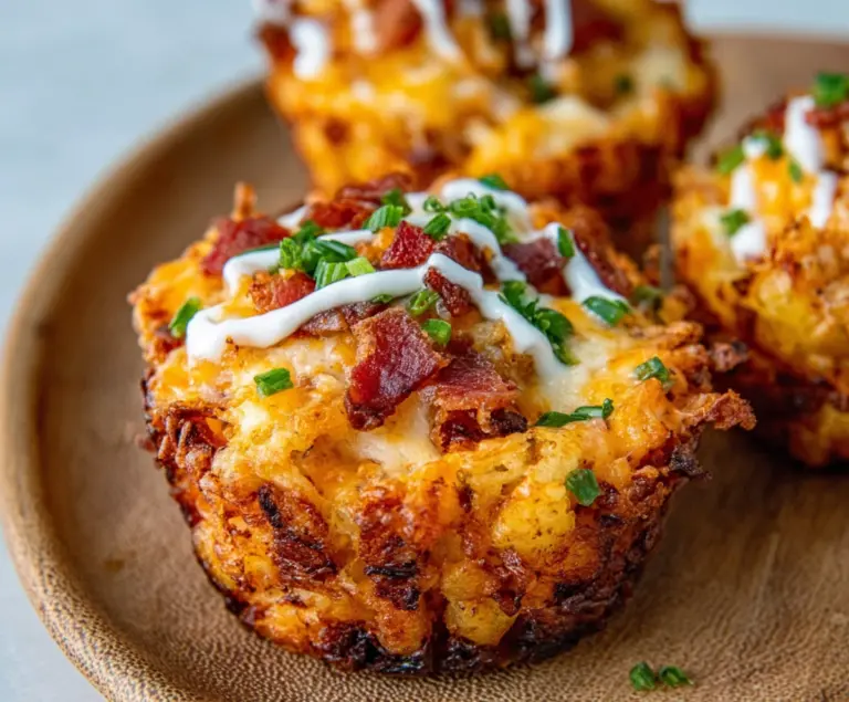 Baked loaded tater tot cup with cheese, bacon, and green onions in a crispy cup