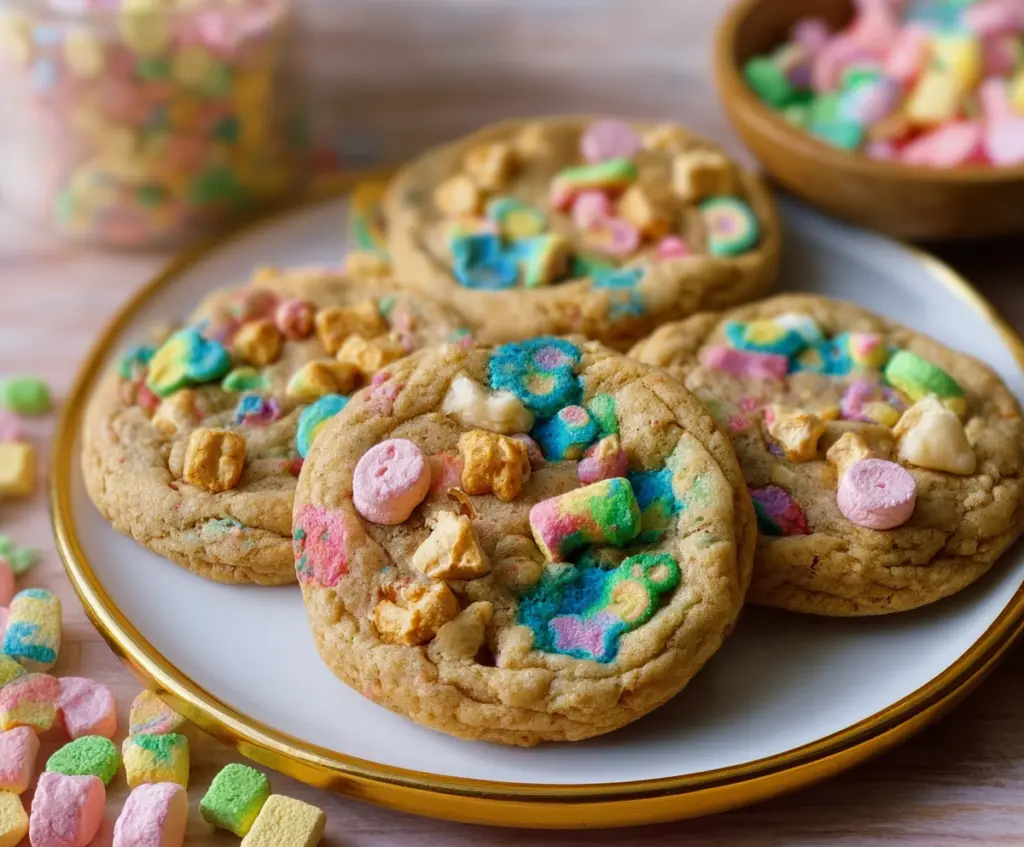 Delicious homemade Lucky Charms Cookies with colorful cereal inclusions and a golden-brown crust.